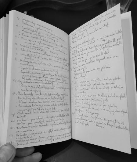 Aantekeningen in potlood op de achterste lege pagina's van een klein boek.
