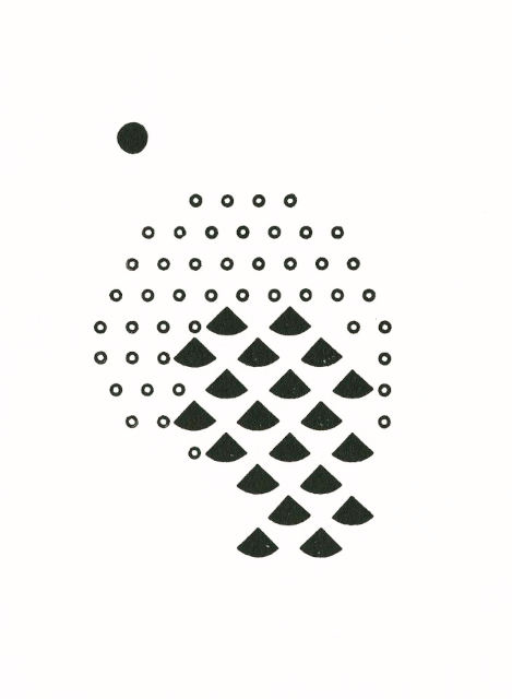 Een abstract patroon van kleine cirkels met daaronder kwart-cirkels met de punt naar boven gericht.