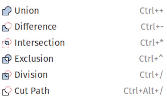 Screenshot of menu items and icons for path operations in Inkscape: Union, difference, Intersection, Exclusion, Division, Cut path.