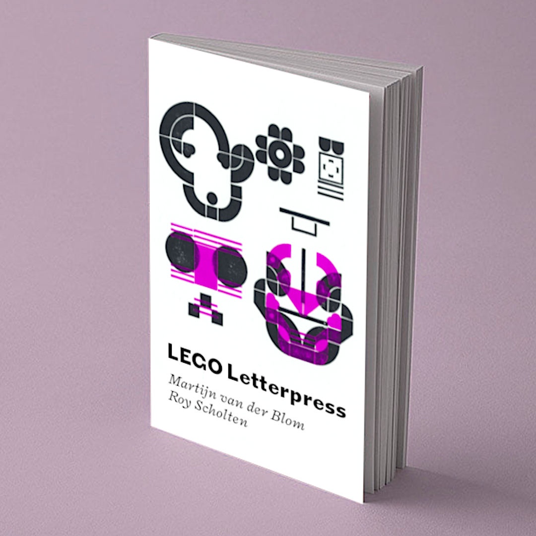 Mockup of a book with cover filled with LEGO letterpress designs and the text LEGO Letterpress, Martijn van der Blom, Roy Scholten.