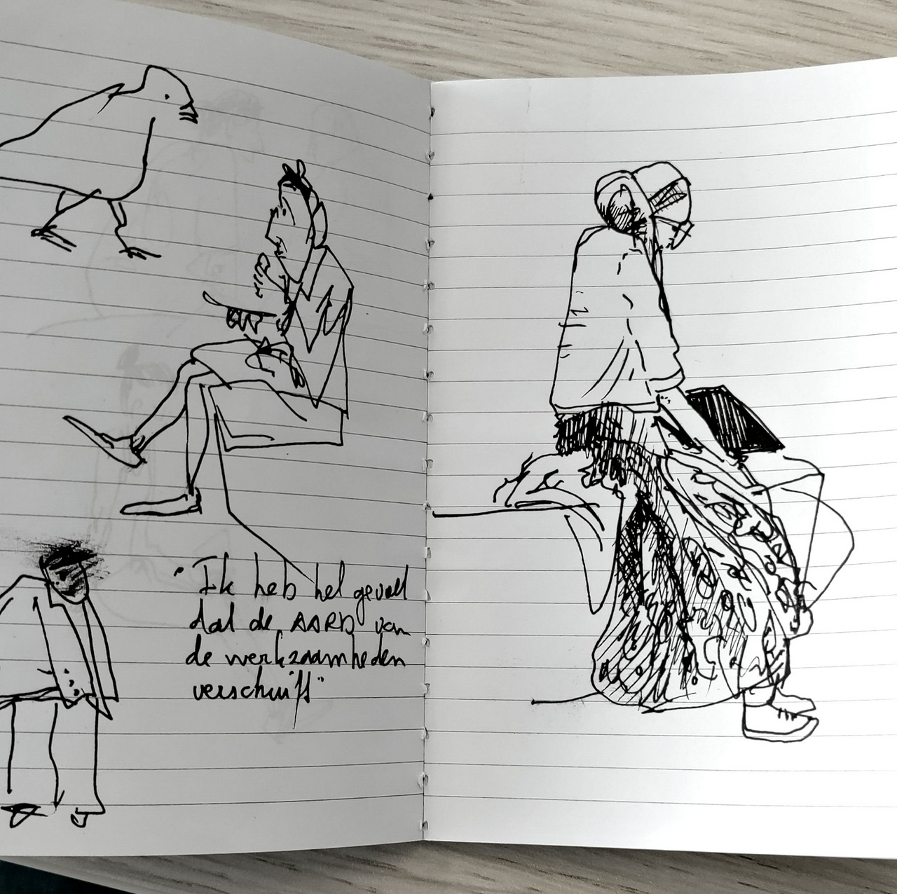 Two pages in a small notebook. On the left page line drawings of a bird, an elderly woman eating, a scruffy man wearing his jacket over his shoulder. On the right page a more detailed drawing of a young woman in a long summer skirt looking at her laptop.