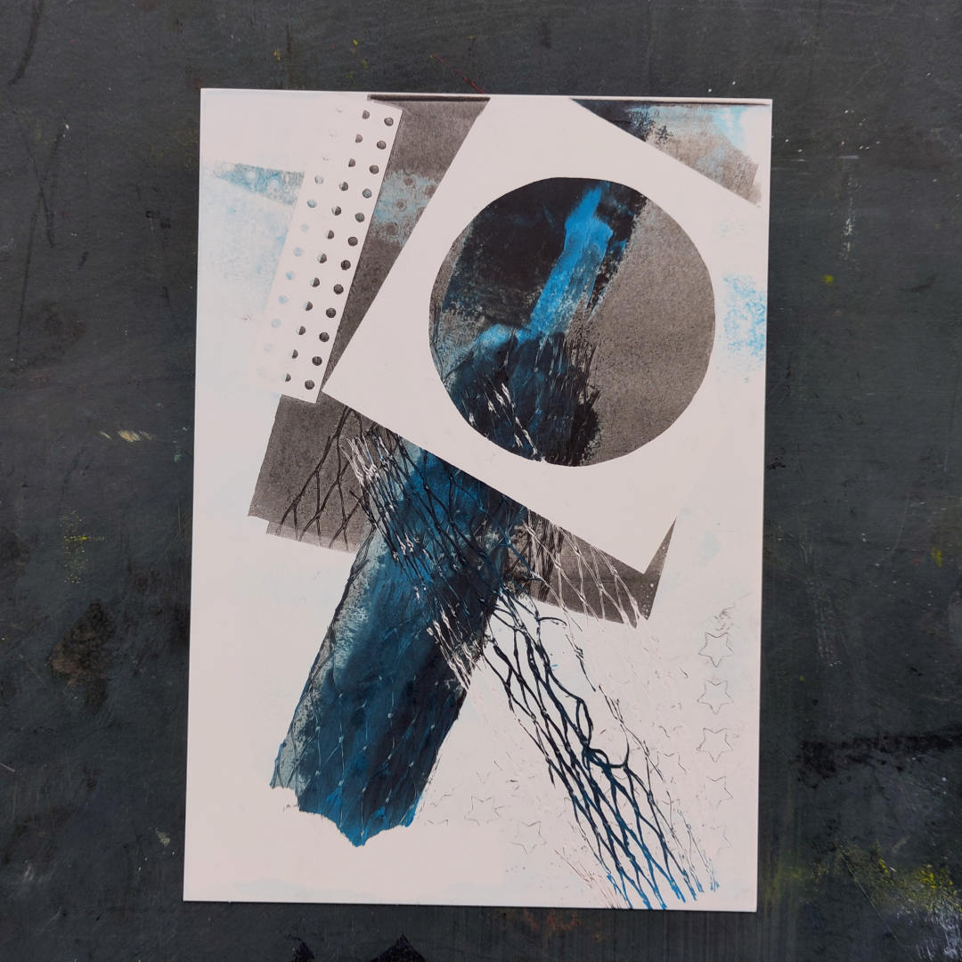 Abstract monoprint on A5 paper with broad diagonal strokes. A white square shape masks part of the underlying gray area, but the circle inside it exposes it again.