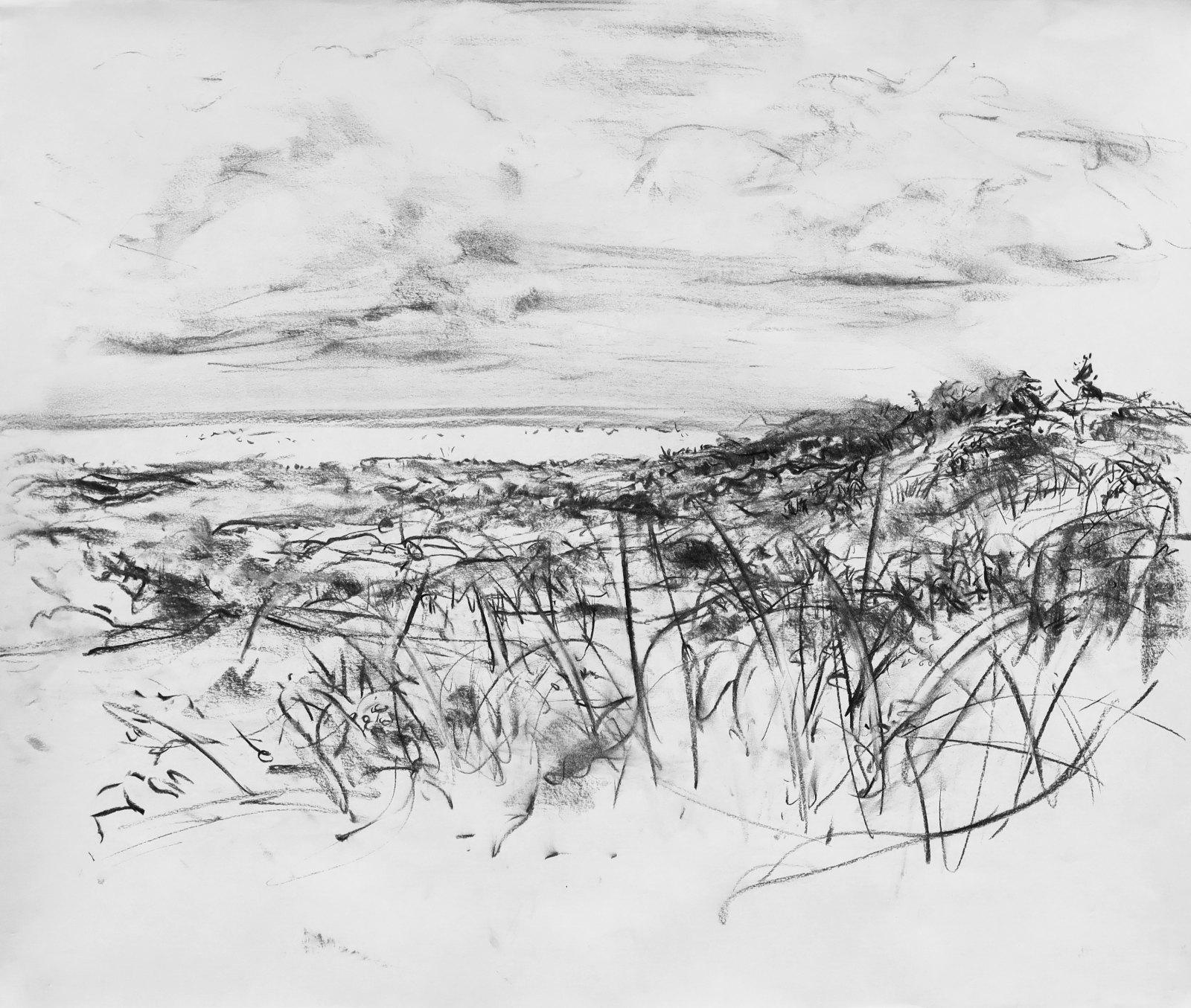 charcoal drawing of a view on dunes with dunes and sea in the background and clouds in the sky.