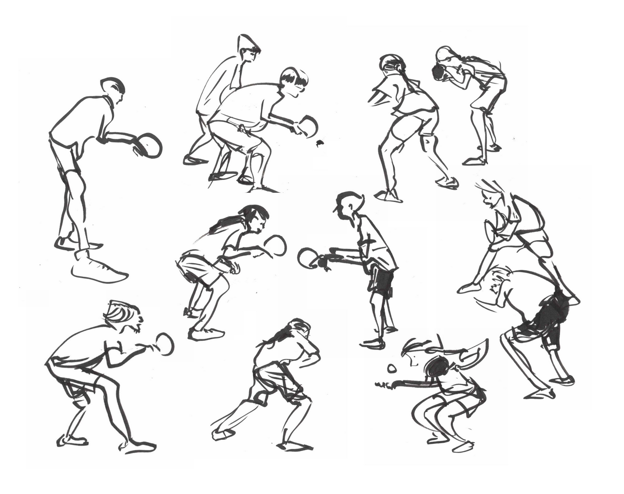 A collection of quick black brush pen sketches of young people playing table tennis.