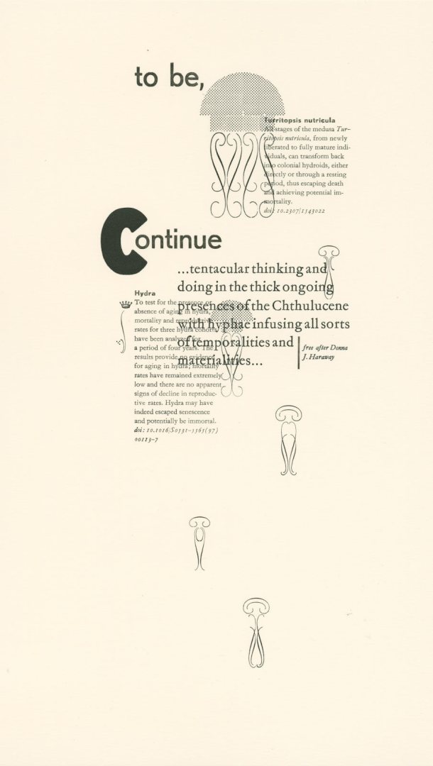 detail of print with text in different small sizes. Ornament shapes suggest jellyfish.